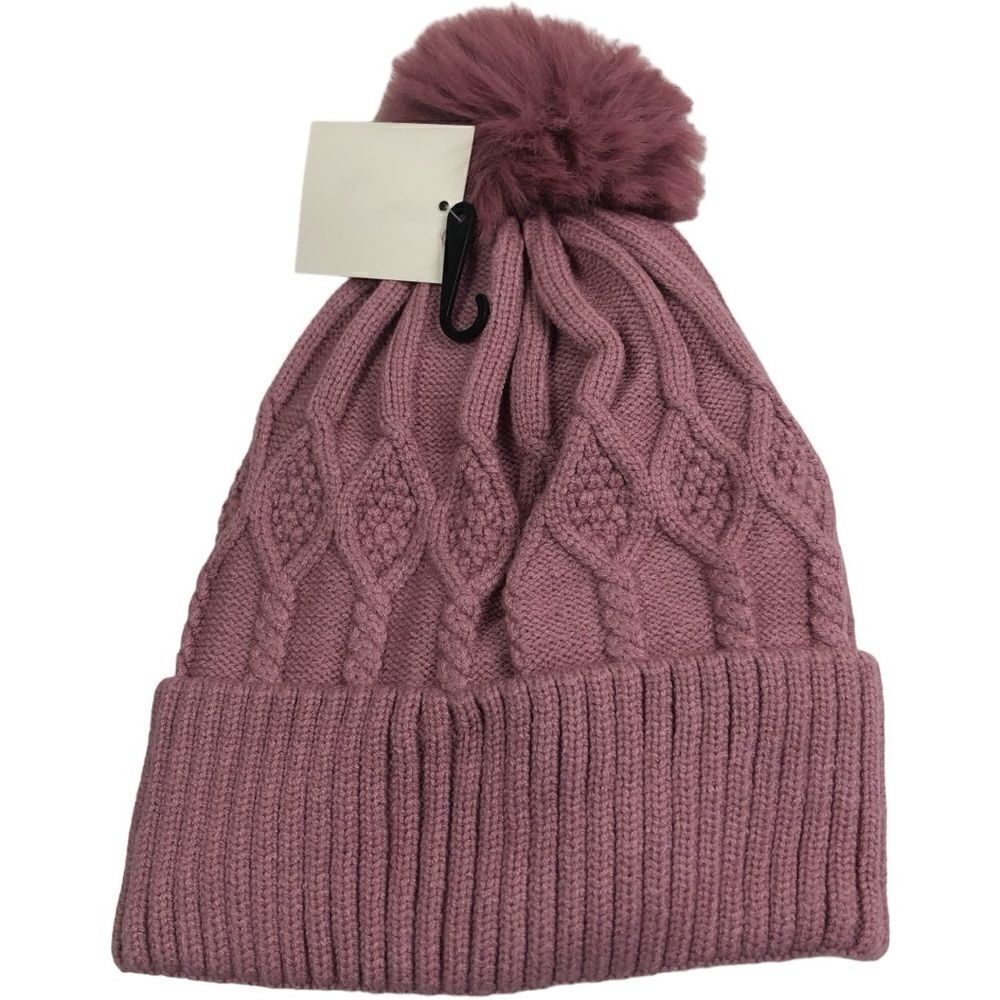 Pink Mauve Cable Knit Sherpa Pom Pom Winter Beanie